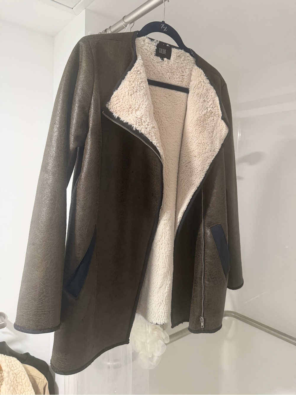 Goldie Olive Green Faux Leather Jacket with Cream Shearling Lining
